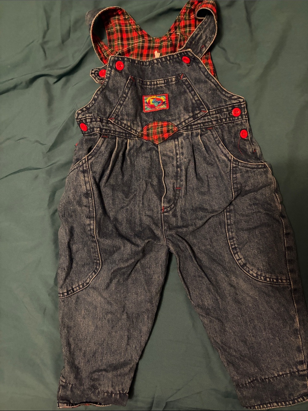 Vintage Denim Overalls with Red Plaid Trim - Kids Bottoms